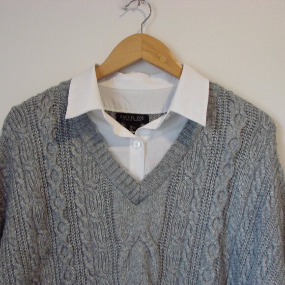 Rachel Zoe Gray Cable Knit Sweater White Collar Shirt V-neck Size Large XL - Picture 2 of 12
